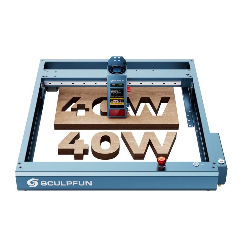 Sculpfun SF-A9 40 W : portique bleu clair, lettres « 40W » découpées dans une planche de bois